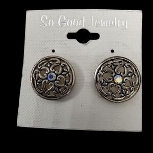 Silver Filigree Round Stud Earrings with Aurora Crystal
